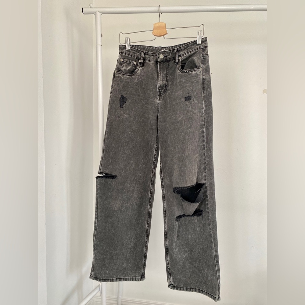 Wide leg Forever 21 gray distressed ripped denim jeans pants high waist small